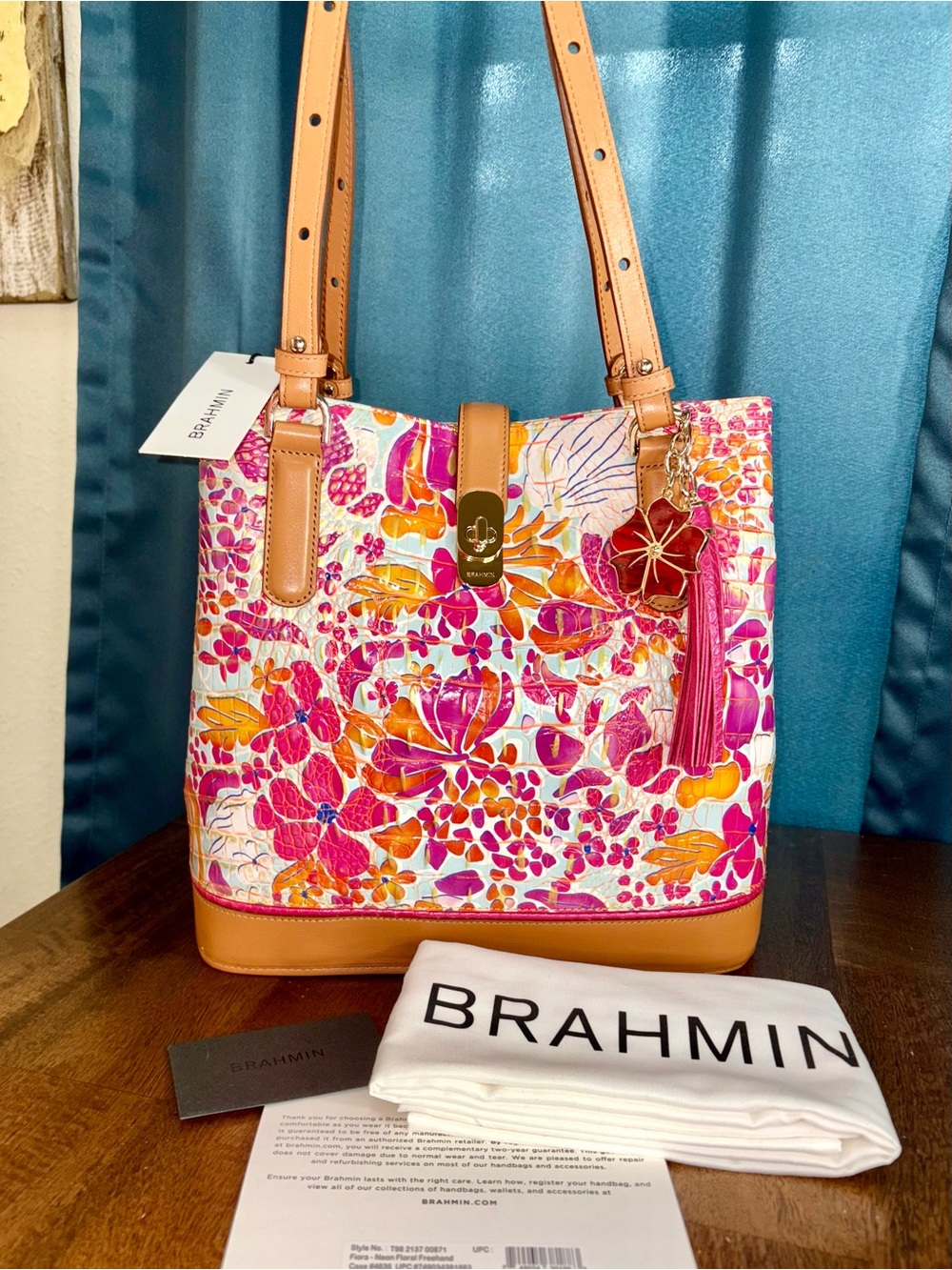Brahmin NWT Fiora - Neon Floral Freehand - Charm+Tassel - Metallic Accents